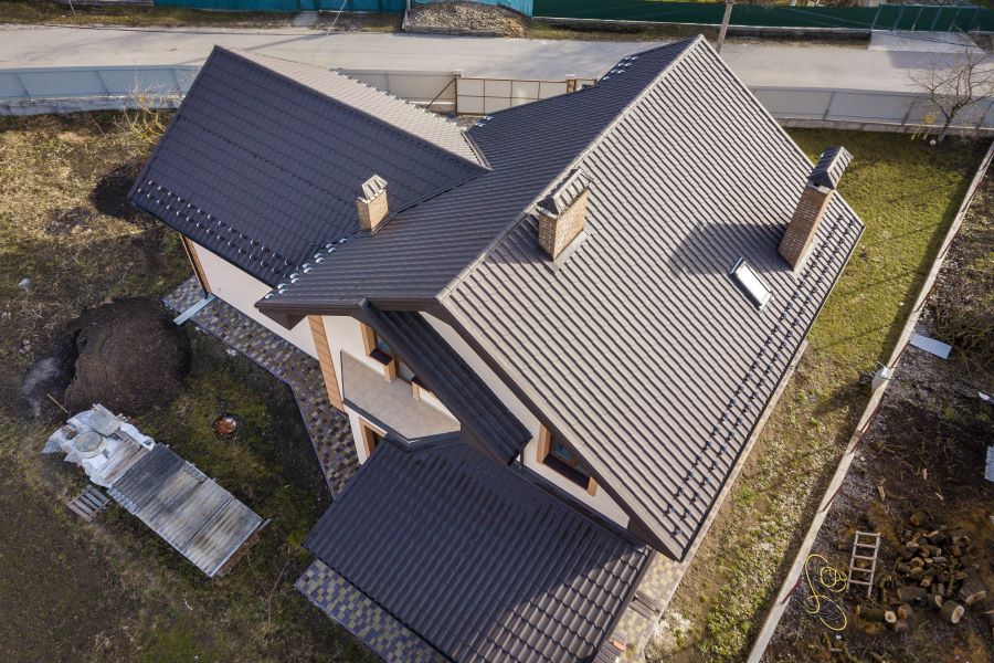 Arial view of metal rooftop on residential home